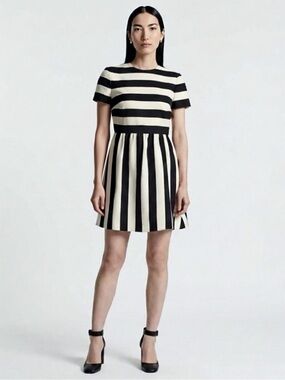New Valentino Black and White Striped Short-Sleeve Mini Dress